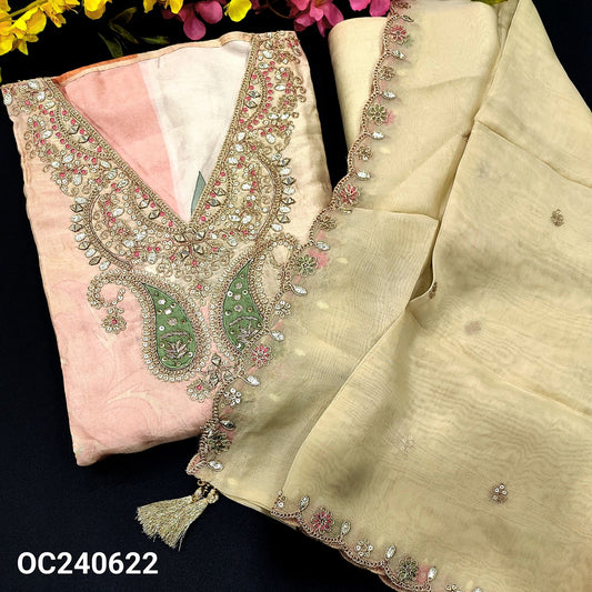 CODE OC240622 : Beige digital printed pure dola silk unstitched salwar material, v neck with heavy work(shiny fabric, lining needed)matching santoon bottom, pure organza dupatta with zari, sequins& scallop edges.