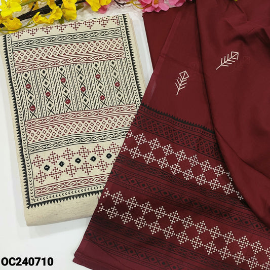 CODE OC240710 : Half white base jute flex cotton unstitched salwar material, block printed yoke with real mirror work, kantha stitch work on front(lining optional)maroon cotton bottom, block printed pure cotton dupatta.