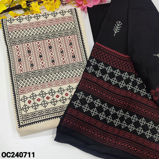 CODE OC240711 : Half white base jute flex cotton unstitched salwar material, block printed yoke with real mirror work, kantha stitch work on front(lining optional)black cotton bottom, block printed pure cotton dupatta.