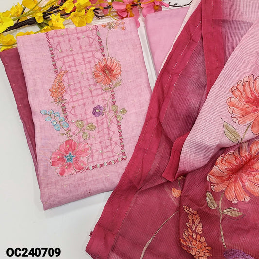 CODE OC240709 : Light& dark pink digital printed silk cotton unstitched salwar material, thread, real& sequins work on yoke(thin fabric, lining needed)matching silky bottom, digital printed silk cotton dupatta.