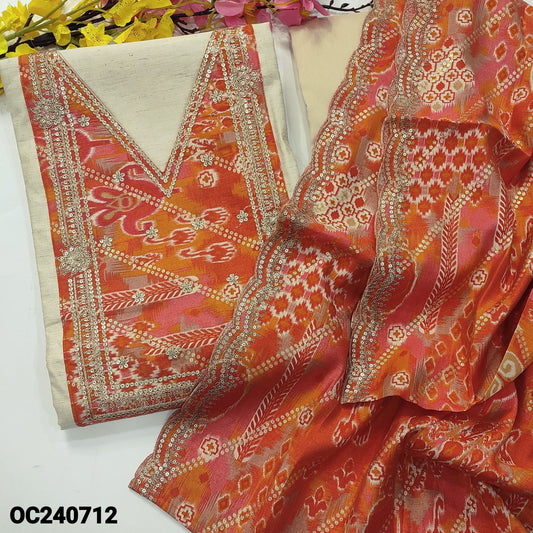 CODE OC240712 : Rich beige semi raw silk unstitched salwar material, printed v neck, zari& sequins work on yoke& front(lining needed)matching silk cotton bottom, short width patola printed modal maslin silk dupatta with sequins work &scallop edges.