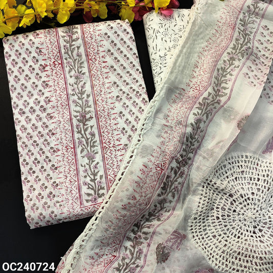 CODE OC240724 : White base GREY block printed pure soft cotton unstitched salwar material(lining needed)block printed cotton bottom, block printed pure mul cotton dupatta with crochet lace work.