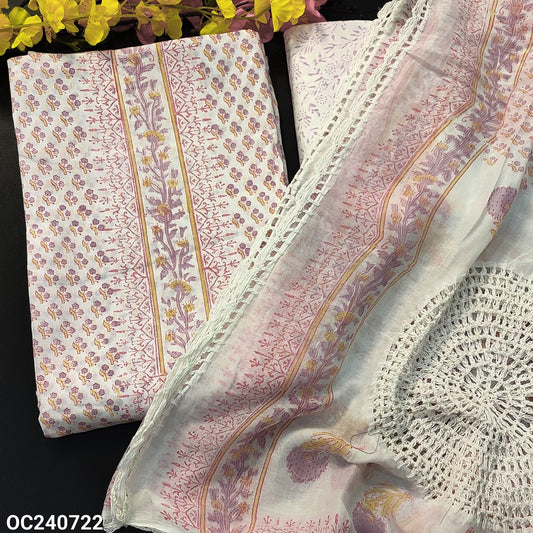 CODE OC240722 : White base PURPLE block printed pure soft cotton unstitched salwar material(lining needed)block printed cotton bottom, block printed pure mul cotton dupatta with crochet lace work.