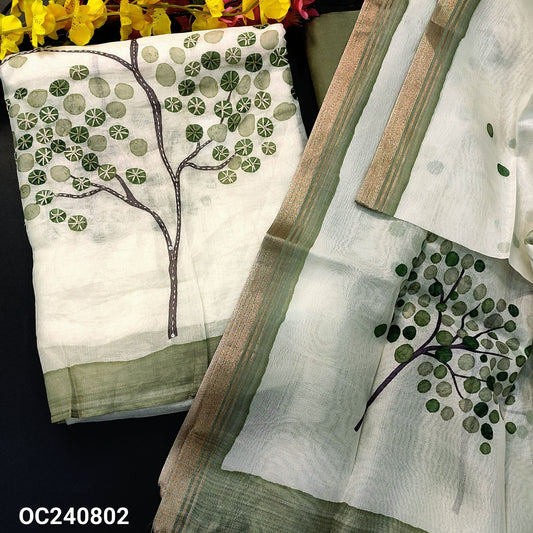 CODE OC240802 : Half white base printed premium organza silk unstitched salwar material, hand work on front(thin fabric, lining needed)cement green santoon bottom, printed organza silk dupatta with tissue borders.