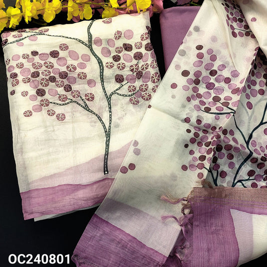 CODE OC240801 : Half white base printed premium organza silk unstitched salwar material, hand work on front(thin fabric, lining needed)purple santoon bottom, printed organza silk dupatta with tissue borders.