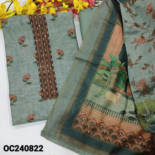 CODE OC240822 : Light cement green digital printed silk cotton unstitched salwar material, thread& sequins work on yoke(lining needed)matching drum dyed cotton fabric provided for lining, NO BOTTOM, digital printed silk cotton dupatta with hand work.