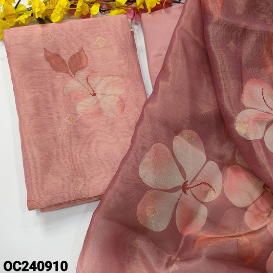 CODE OC240910 : Pink with golden tint digital printed tissue silk cotton unstitched salwar material, zari buttas all over(thin fabric, lining needed)matching silky bottom, digital printed tissue silk cotton dupatta with zari woven borders.