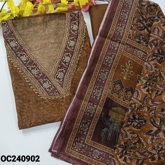 CODE OC240902 : Honey brown kalamkari digital printed silk cotton unstitched salwar material, v neck with zari work(thin fabric, lining needed)matching santoon bottom, digital printed silk cotton dupatta.