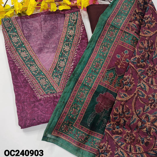 CODE OC240903 : Purple kalamkari digital printed silk cotton unstitched salwar material, v neck with zari work(thin fabric, lining needed)matching santoon bottom, digital printed silk cotton dupatta.