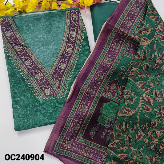 CODE OC240904 : Teal green kalamkari digital printed silk cotton unstitched salwar material, v neck with zari work(thin fabric, lining needed)matching santoon bottom, digital printed silk cotton dupatta.