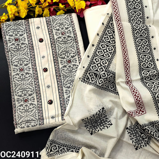 CODE OC240911 : Half white base jamdani woven pure soft mul cotton unstitched salwar material, fancy buttons on yoke(lining needed)matching fabric provided for lining, NO BOTTOM, block printed pure mul cotton dupatta.