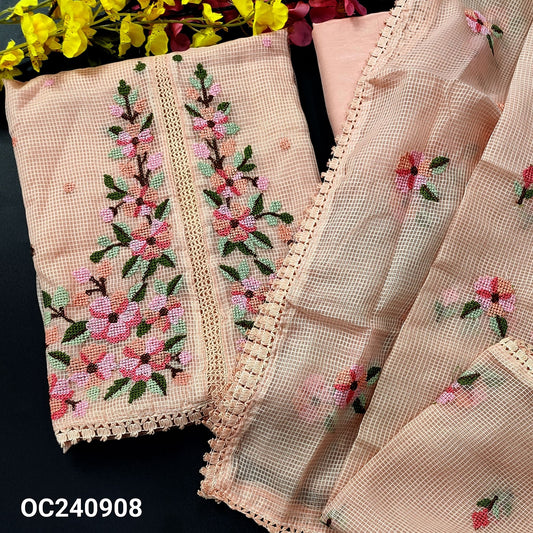 CODE OC240908 : Pastel peach fancy super net unstitched salwar material, cross stitch embroidered &crochet lace work on front(netted fabric, lining needed)matching silky bottom, cross stitch embroidered super net dupatta with lace tapings.