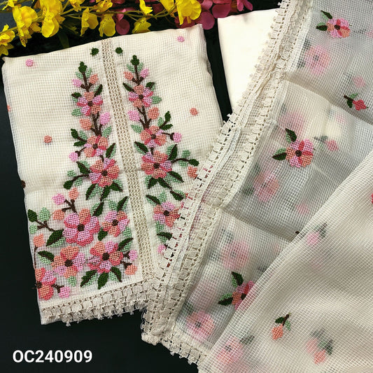 CODE OC240909 : Half white fancy super net unstitched salwar material, cross stitch embroidered &crochet lace work on front(netted fabric, lining needed)matching silky bottom, cross stitch embroidered super net dupatta with lace tapings.