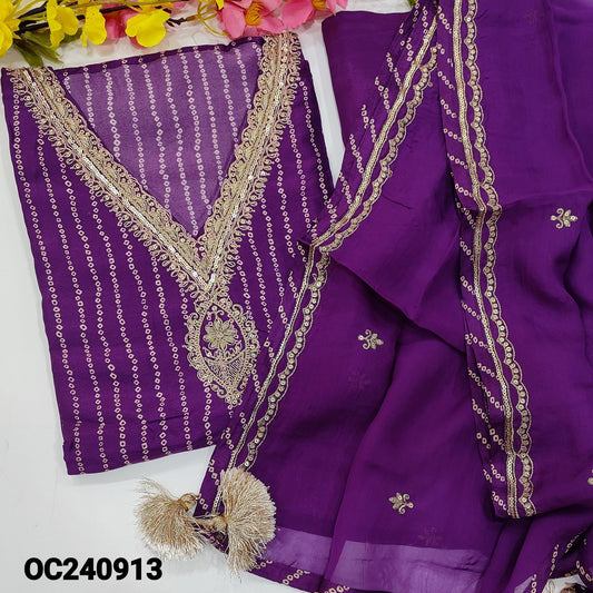 CODE OC240913 : Dark purple designer bandhini russian silk unstitched salwar material, v neck with zari, sequins& zardozi work(lining needed)matching santoon bottom, pure organza dupatta with zari& sequins work.