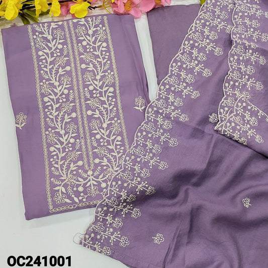 CODE OC241001 : Light purple soft silk cotton unstitched salwar material, embroidered& sequins work on yoke& front(lining optional)matching santoon bottom, soft silk cotton dupatta with embroidered , sequins work& scallop edges.