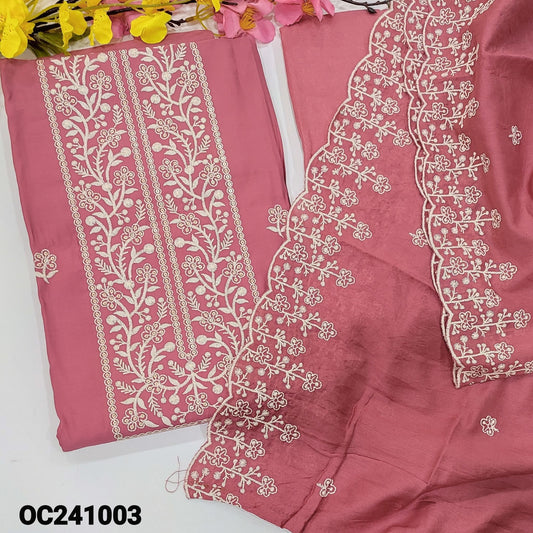 CODE OC241003 : Pink soft silk cotton unstitched salwar material, embroidered& sequins work on yoke& front(lining optional)matching santoon bottom, soft silk cotton dupatta with embroidered , sequins work& scallop edges.