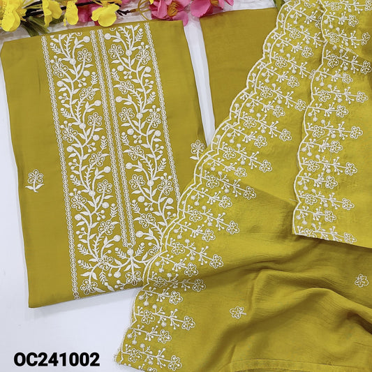 CODE OC241002 : Bright mehandhi yellow soft silk cotton unstitched salwar material, embroidered& sequins work on yoke& front(lining optional)matching santoon bottom, soft silk cotton dupatta with embroidered , sequins work& scallop edges.