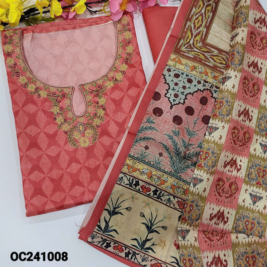 CODE OC241008 : Pink printed semi tussar unstitched salwar material, thread& zari work on yoke(thin fabric, lining needed)matching santoon bottom, digital patola printed silk cotton dupatta.