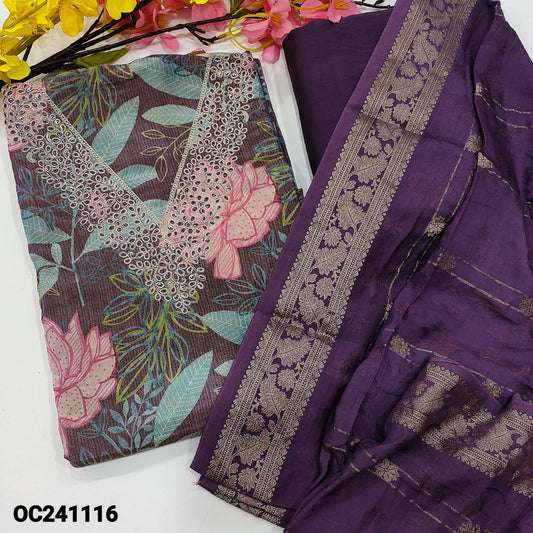 CODE OC241116 : Dark purple with golden tint tissue silk cotton unstitched salwar material, v neck with zari& thread work(thin fabric, lining needed)matching silk cotton bottom, soft jakard silk cotton dupatta with zari weaving& orders.