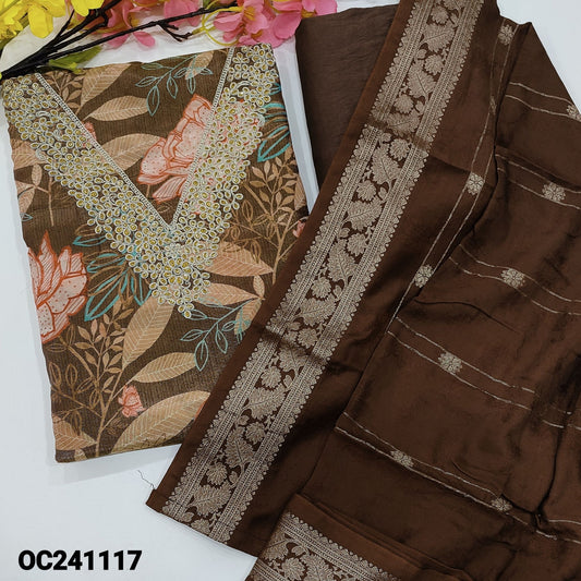 CODE OC241117 : Dark brown with golden tint tissue silk cotton unstitched salwar material, v neck with zari& thread work(thin fabric, lining needed)matching silk cotton bottom, soft jakard silk cotton dupatta with zari weaving& orders.