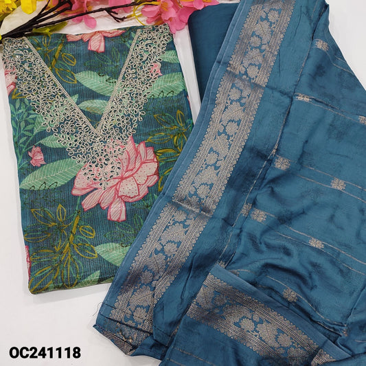 CODE OC241118 : Dark teal blue with golden tint tissue silk cotton unstitched salwar material, v neck with zari& thread work(thin fabric, lining needed)matching silk cotton bottom, soft jakard silk cotton dupatta with zari weaving& orders.