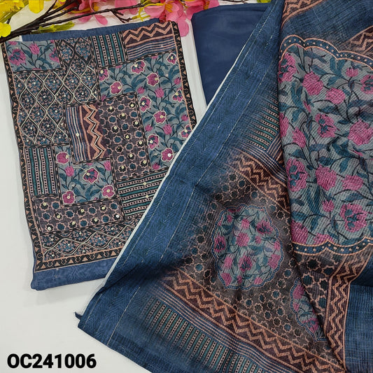 CODE OC241006 : Dark blue digital sobar printed silk cotton unstitched salwar material, abstract printed yoke with zari& sequins work, zari buttas all over(thin fabric, lining needed)matching silky bottom, digital printed silk cotton dupatta.