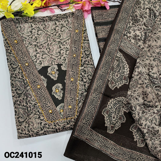 CODE OC241015 : Black& grey kalamkari printed pure soft cotton unstitched salwar material, v neck with thread& faux mirror work(lining optional)printed cotton bottom, printed pure kota cotton full length dupatta.