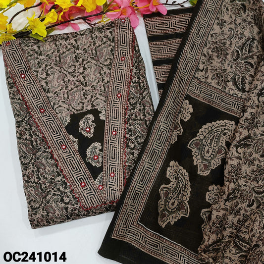 CODE OC241014 : Black& grey kalamkari printed pure soft cotton unstitched salwar material, v neck with thread& faux mirror work(lining optional)printed cotton bottom, printed pure kota cotton full length dupatta.