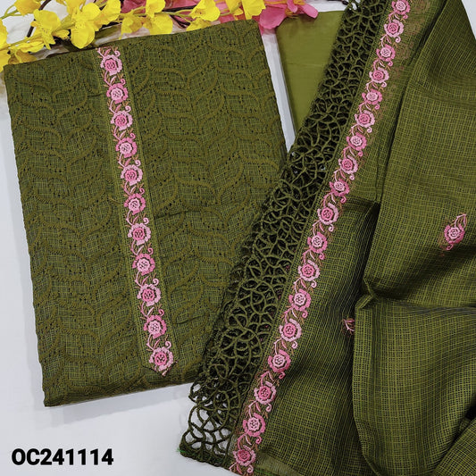 CODE OC241114 : Dark mossy green heavy embroidered fancy kota unstitched salwar material, embroidered on yoke(netted fabric, lining needed)matching silky bottom, embroidered fancy kota dupatta with cut work edges.