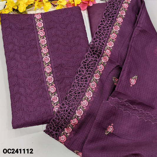 CODE OC241112 : Dark purple heavy embroidered fancy kota unstitched salwar material, embroidered on yoke(netted fabric, lining needed)matching silky bottom, embroidered fancy kota dupatta with cut work edges.