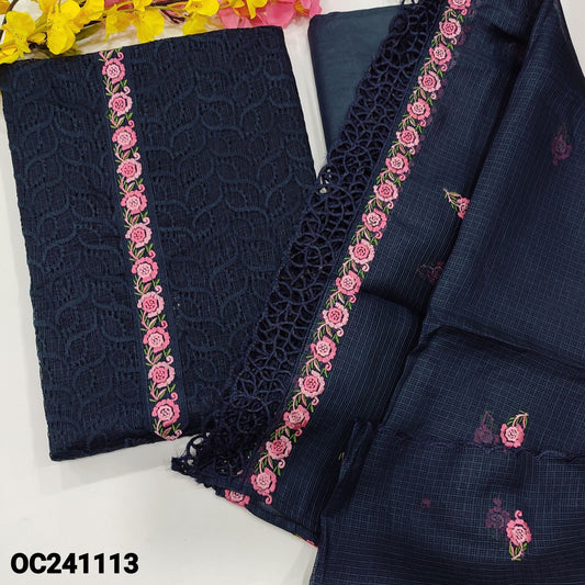 CODE OC241113 : Navy blue heavy embroidered fancy kota unstitched salwar material, embroidered on yoke(netted fabric, lining needed)matching silky bottom, embroidered fancy kota dupatta with cut work edges.