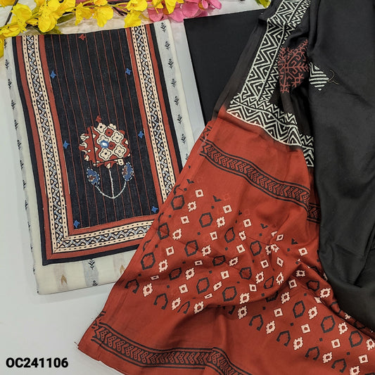 CODE OC241106 : Half white base dobby cotton unstitched salwar material, ajrak printed yoke applique& sequins work, thread weaving design all over(lining needed)black cotton bottom, block printed pure mul cotton dupatta.