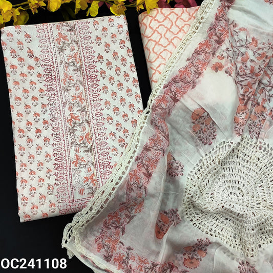 CODE OC241108 : Half white base PINK block printed pure soft cotton unstitched salwar material(thin fabric, lining needed)block printed cotton bottom, block printed pure mul cotton dupatta with crochet lace work.