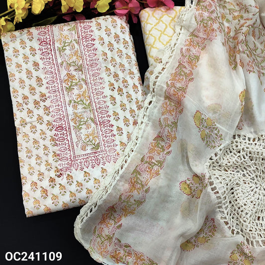 CODE OC241109 : Half white base YELLOW block printed pure soft cotton unstitched salwar material(thin fabric, lining needed)block printed cotton bottom, block printed pure mul cotton dupatta with crochet lace work.