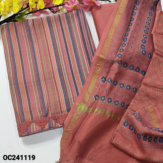 CODE OC241119 : Multi color striped printed fancy silk unstitched salwar material(lining needed)applique work on daman, dark onion pink santoon bottom, block printed pure chanderi silk cotton dupatta with gold tissue border(REQUIRES TAPINGS).