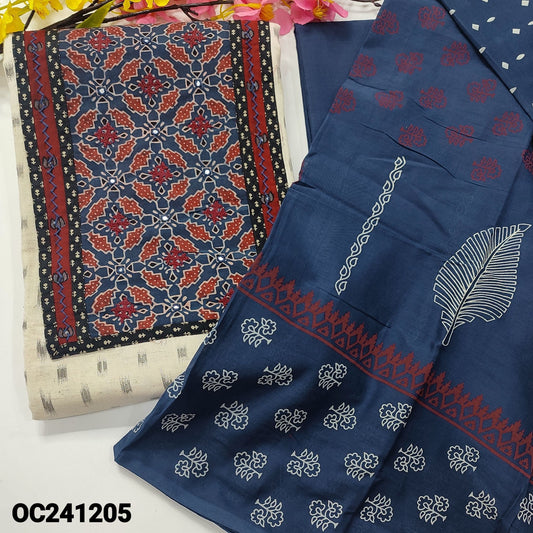 CODE OC241205 : Half white ikat woven jute flex cotton unstitched salwar material, ajrak yoke patch with thread& faux mirror work(lining optional)navy blue cotton bottom, block printed pure mul cotton dupatta.