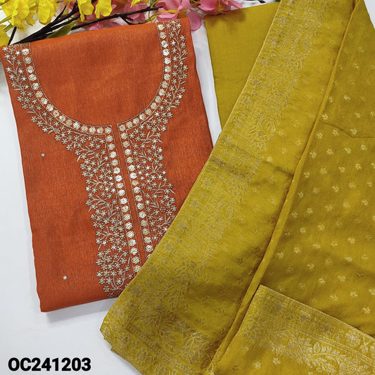 CODE OC241203 :Orange with silver tint shimmer spun silk unstitched salwar material, zari & sequins work on yoke& front(lining needed)mehandhi yellow santoon bottom, banarasi zari woven silk cotton duptta.