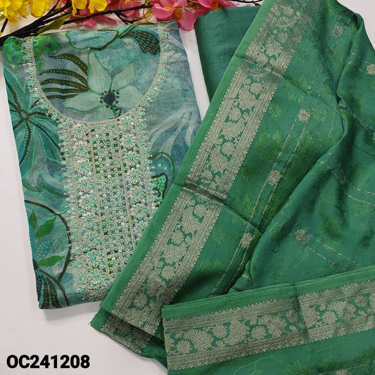 CODE OC241208 : pastel blue with golden tint pure tissue organza silk unstitched salwar material, thread, zari sequins work on yoke(lining needed)silk cotton bottom, soft jakard silk cotton dupatta with  zari weaving &borders.