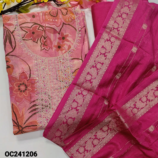 CODE OC241206 : Pink with golden tint pure tissue organza silk unstitched salwar material, thread, zari sequins work on yoke(lining needed)silk cotton bottom, soft jakard silk cotton dupatta with  zari weaving &borders.