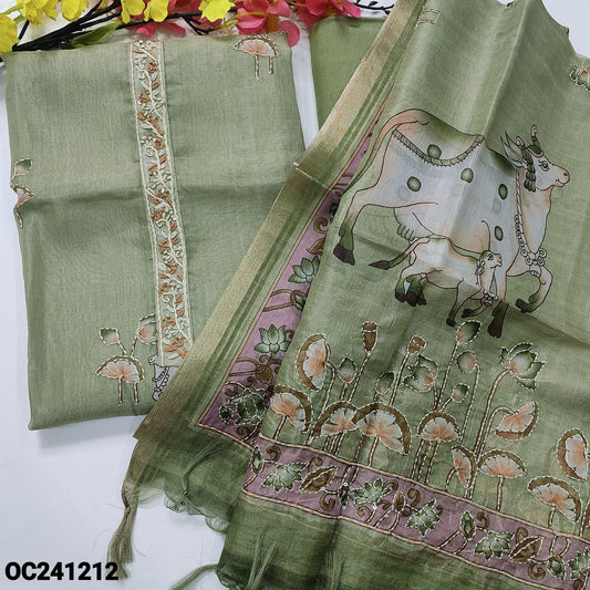 CODE OC241212 : Light green pichwai printed organza unstitched salwar material, hand embroidered on yoke(thin fabric, lining needed)rich daman, matching santoon bottom, pitchway printed organza dupatta with kantha stitch work.