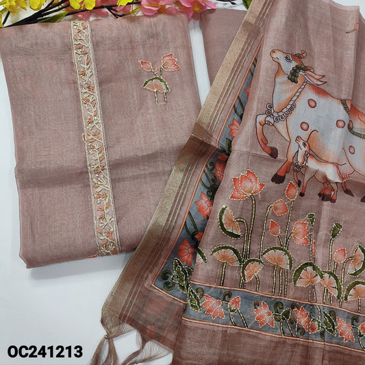 CODE OC241213 : Light mauve pichwai printed organza unstitched salwar material, hand embroidered on yoke(thin fabric, lining needed)rich daman, matching santoon bottom, pitchway printed organza dupatta with kantha stitch work.