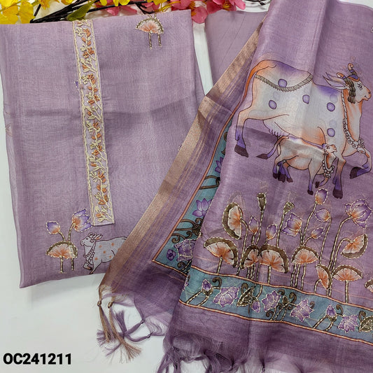 CODE OC241211 : Lavender pichwai printed organza unstitched salwar material, hand embroidered on yoke(thin fabric, lining needed)rich daman, matching santoon bottom, pitchway printed organza dupatta with kantha stitch work.