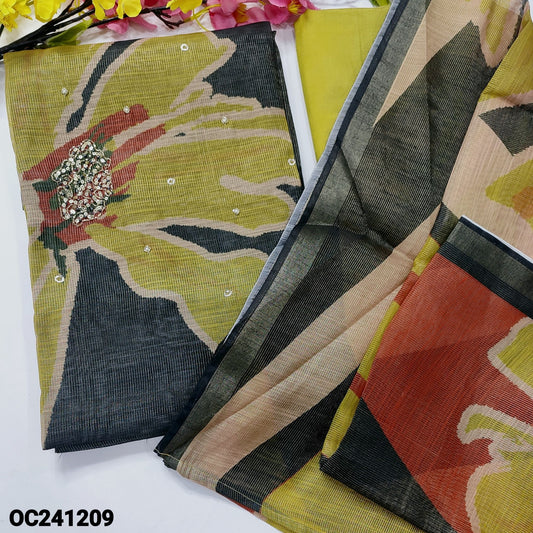 CODE OC241209 : Black designer tissue silk cotton unstitched salwar material, floral printed with heavy bead work, thin zari line all over(thin fabric, lining needed)mehandhi yellow santoon bottom, abstract printed tissue silk cotton dupatta.