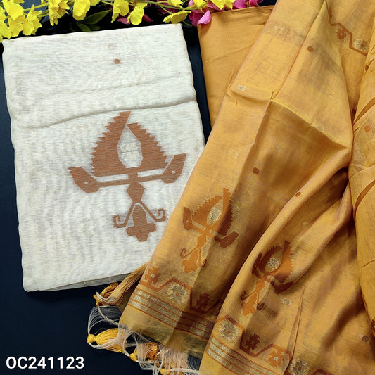 CODE OC241123 : Beige  jamdani woven slub silk cotton unstitched salwar material(thin fabric, lining needed)light mehandhi yellow drum dyed cotton bottom, jamdani woven premium silk cotton dupatta with tassels.