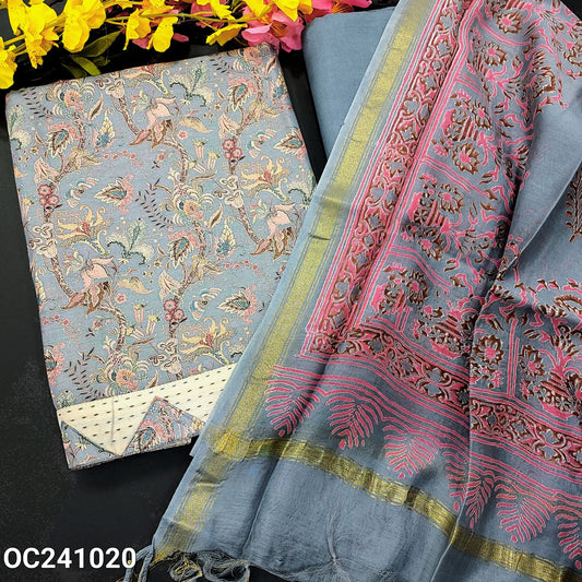 CODE OC241020 : Bluish grey designer digital printed fancy silk unstitched salwar material(lining needed)matching santoon bottom, block printed chanderi silk dupatta with tissue borders.