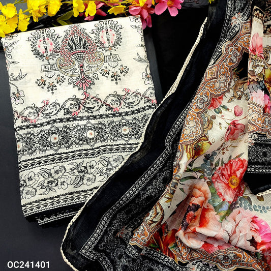 CODE OC241401 : Half white base printed semi linen unstitched salwar material, bead work on front(thin fabric, lining needed)black spun cotton bottom, digital printed semi linen dupatta with lace tapings.