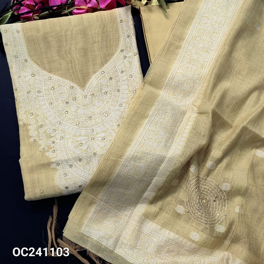 CODE OC241103 : Rich beige jamdani woven premium silk cotton unstitched salwar material, faux mirror work on yoke(lining needed)matching thin cotton fabric provided for lining, NO BOTTOM, jamdani woven premium silk cotton full length dupatta with tassels.