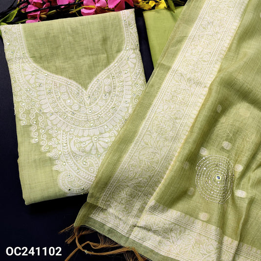 CODE OC241102 : Light green jamdani woven premium silk cotton unstitched salwar material,faux mirror work on yoke(lining needed)matching thin cotton fabric provided for lining, NO BOTTOM, jamdani woven premium silk cotton full length dupatta with tassels.