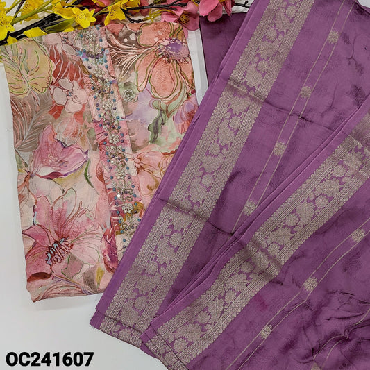 CODE OC241607 : Pink designer floral printed pure maslin unstitched salwar material, rich hand embroidered on yoke(lining needed)purple santoon bottom, jakard silk dupatta with zari woven design.