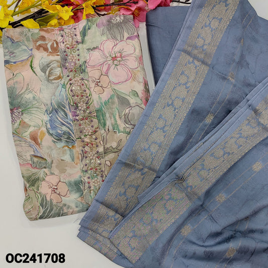 CODE OC241608 : Light grey designer floral printed pure maslin unstitched salwar material, rich hand embroidered on yoke(lining needed)bluish grey santoon bottom, jakard silk dupatta with zari woven design.